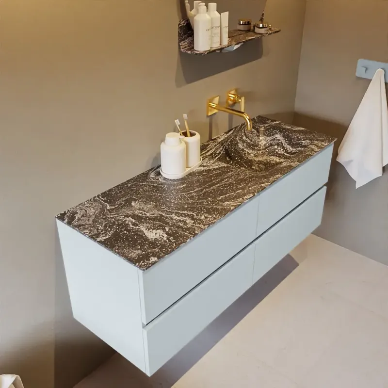 Snelle Levering Mondiaz Vica DLux badmeubel 130cm clay 4 lades met wastafel lava rechts zonder kraangat