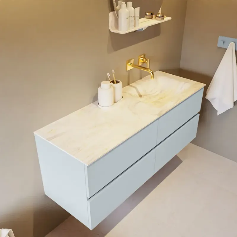Seizoensaanbieding Mondiaz Vica DLux badmeubel 130cm clay 4 lades met wastafel ostra rechts zonder kraangat