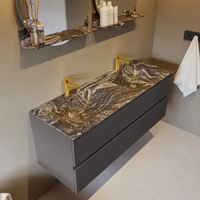 Superprijs Mondiaz Vica DLux badmeubel 130cm dark grey 2 lades met wastafel lava dubbel 2 kraangaten