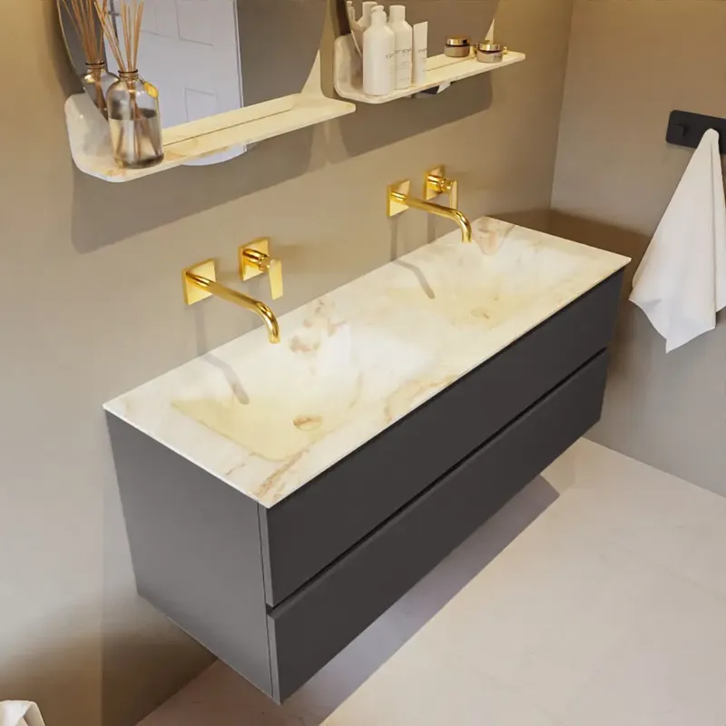 Beperkt Aanbod Mondiaz Vica DLux badmeubel 130cm dark grey 2 lades met wastafel frappe dubbel zonder kraangat