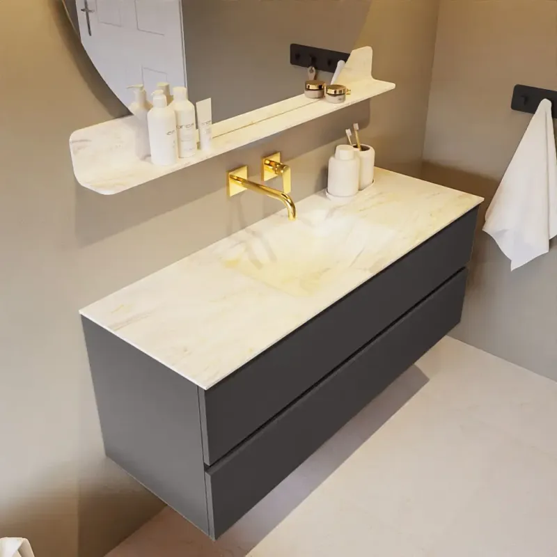 Beperkte Voorraad Mondiaz Vica DLux badmeubel 130cm dark grey 2 lades met wastafel ostra midden zonder kraangat