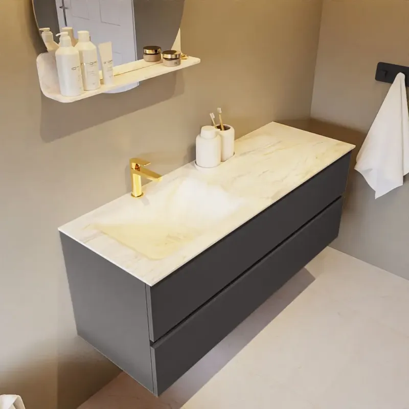 Shop Nu Mondiaz Vica DLux badmeubel 130cm dark grey 2 lades met wastafel ostra links 1 kraangat