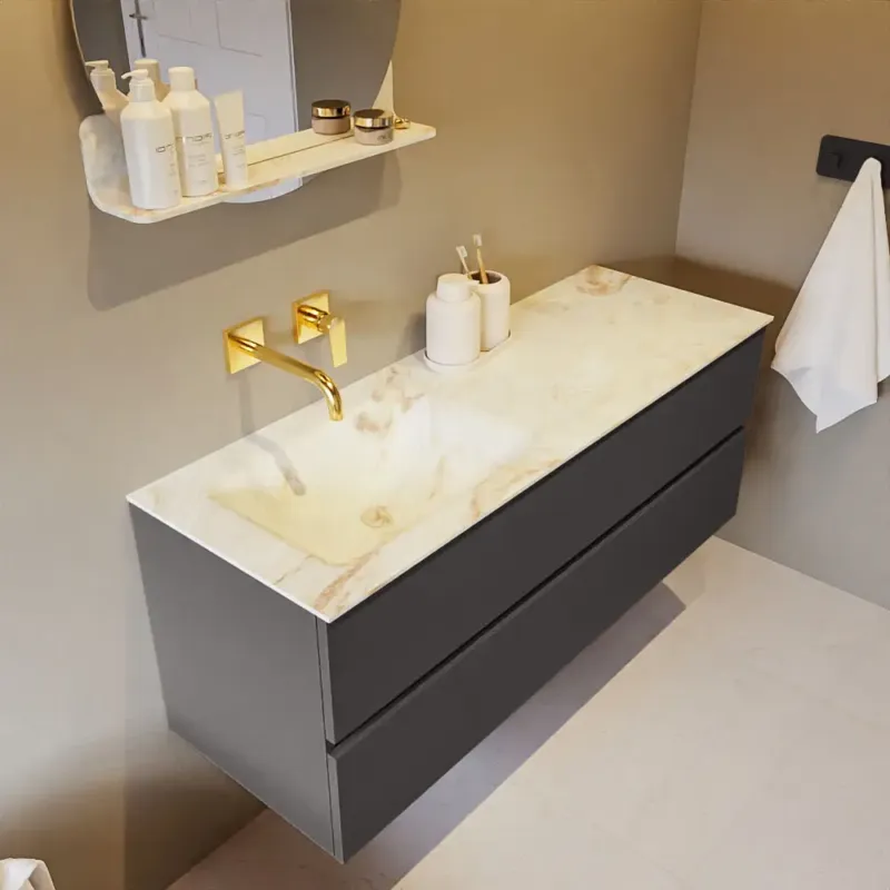 Seizoensaanbieding Mondiaz Vica DLux badmeubel 130cm dark grey 2 lades met wastafel frappe links zonder kraangat