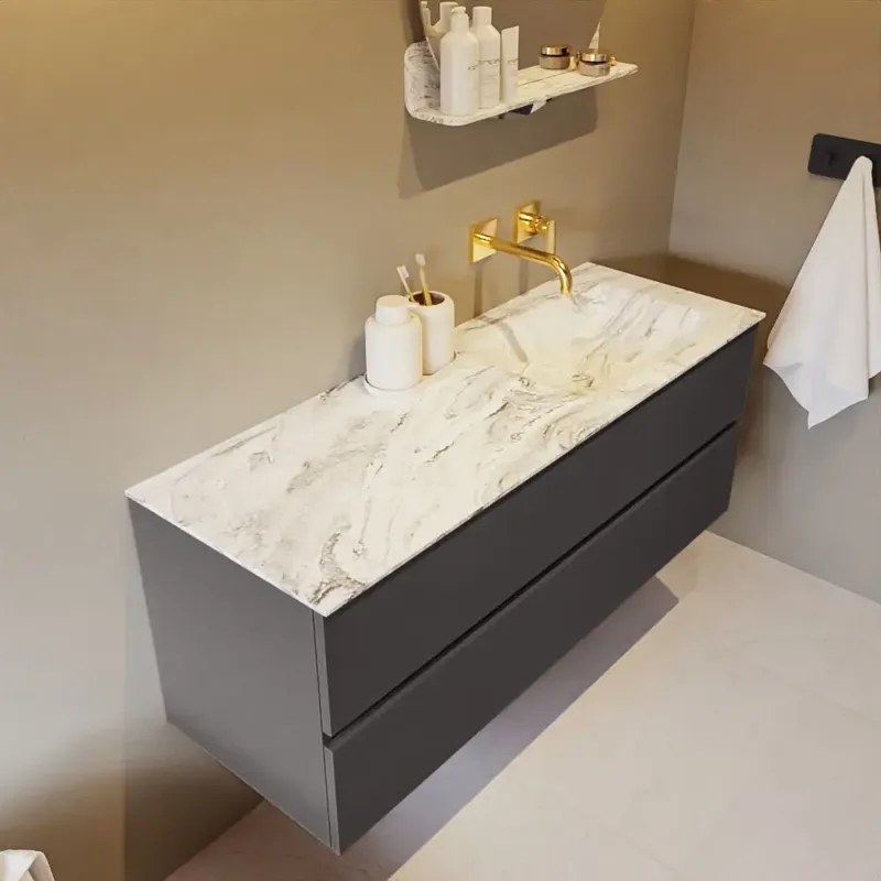 Actieprijs Mondiaz Vica DLux badmeubel 130cm dark grey 2 lades met wastafel glace rechts zonder kraangat
