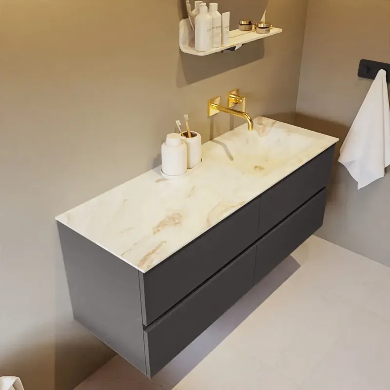 Seizoensaanbieding Mondiaz Vica DLux badmeubel 130cm dark grey 4 lades met wastafel frappe rechts zonder kraangat