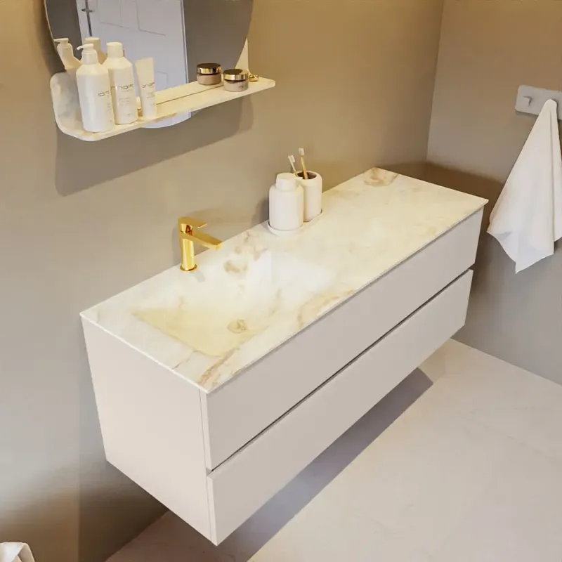 Tijdelijk Beschikbaar Mondiaz Vica DLux badmeubel 130cm linen 2 lades met wastafel frappe links 1 kraangat
