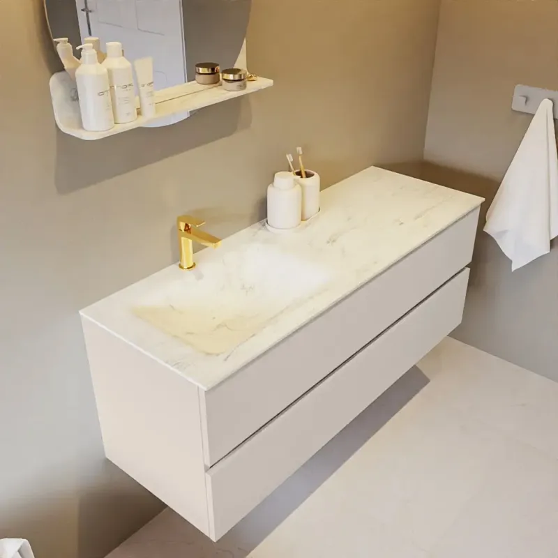 Voordeelprijs Mondiaz Vica DLux badmeubel 130cm linen 2 lades met wastafel opalo links 1 kraangat