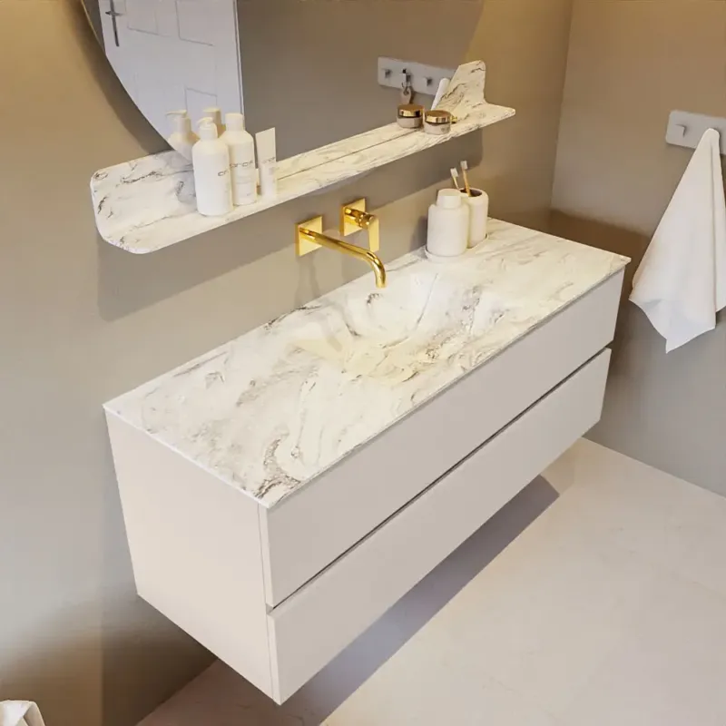 Beste Prijs Mondiaz Vica DLux badmeubel 130cm linen 2 lades met wastafel glace midden zonder kraangat