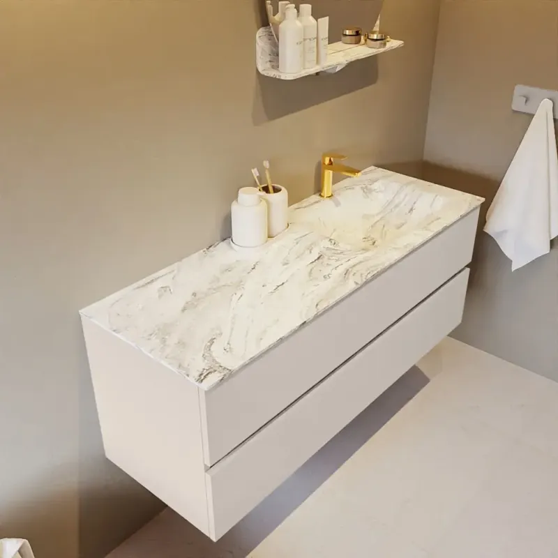 Veilige Betaling Mondiaz Vica DLux badmeubel 130cm linen 2 lades met wastafel glace rechts 1 kraangat