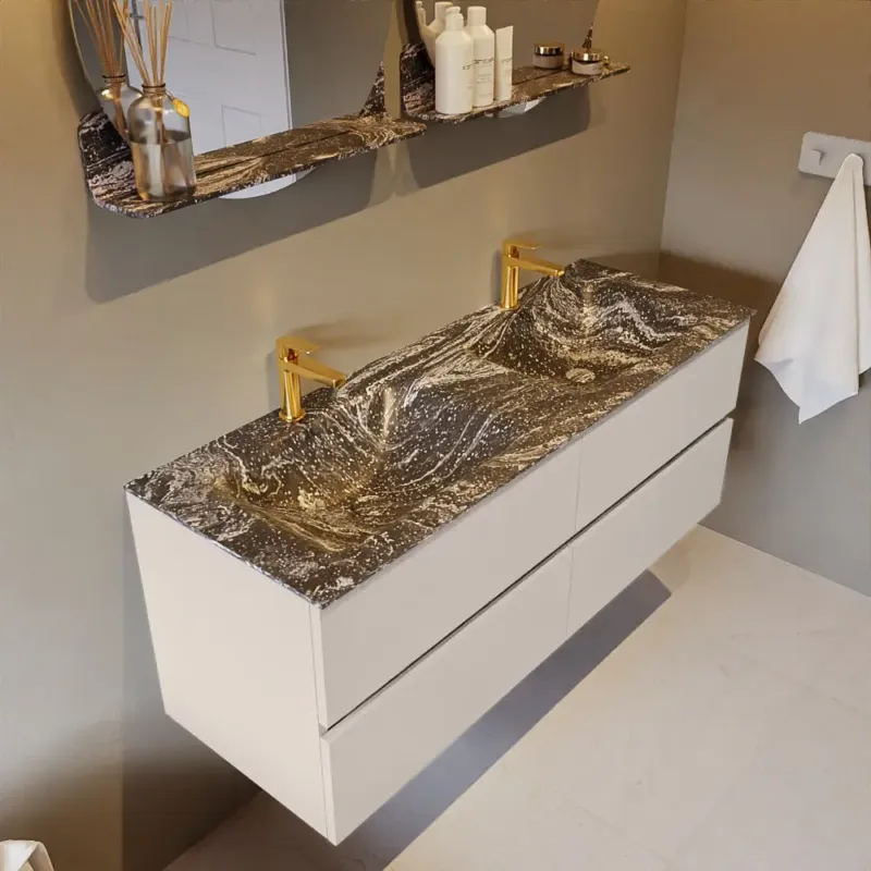 Alleen Vandaag Mondiaz Vica DLux badmeubel 130cm linen 4 lades met wastafel lava dubbel 2 kraangaten