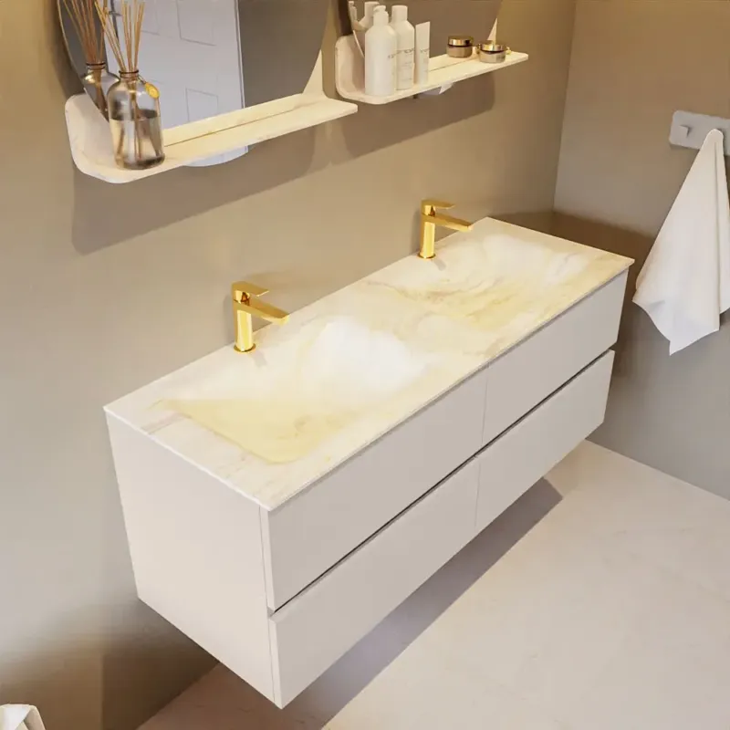 Beperkt Aanbod Mondiaz Vica DLux badmeubel 130cm linen 4 lades met wastafel ostra dubbel 2 kraangaten