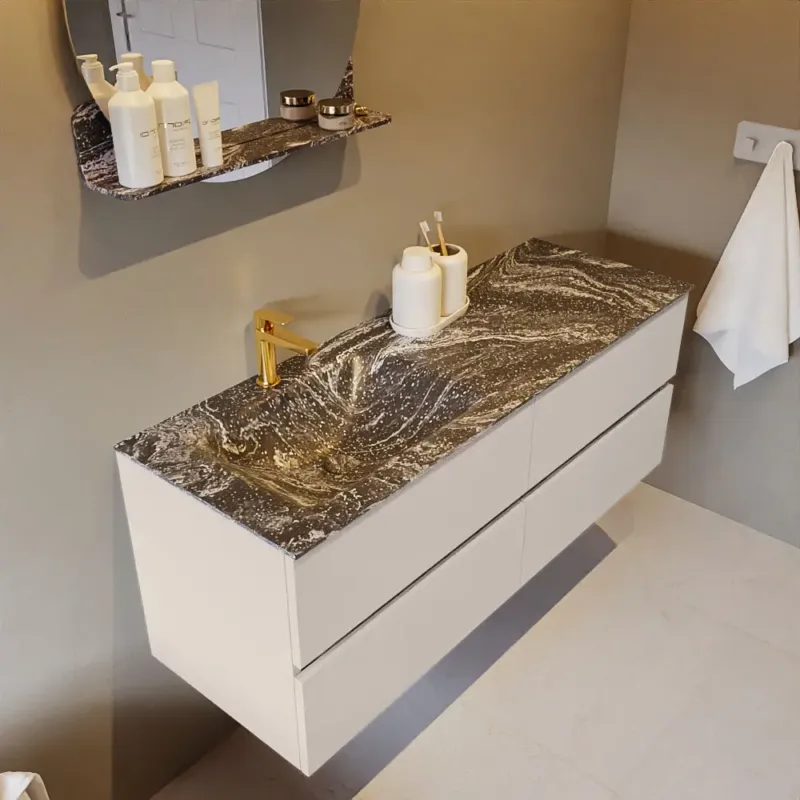 Veilige Betaling Mondiaz Vica DLux badmeubel 130cm linen 4 lades met wastafel lava links 1 kraangat