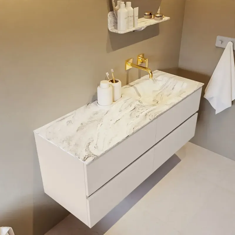 Tijdelijk Beschikbaar Mondiaz Vica DLux badmeubel 130cm linen 4 lades met wastafel glace rechts zonder kraangat