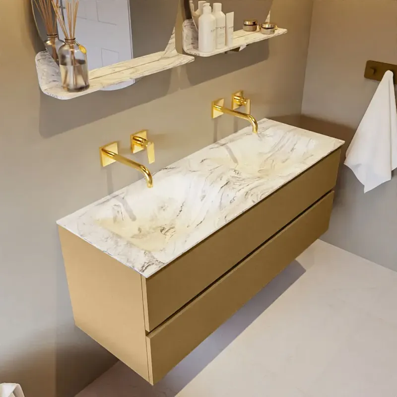 Snelle Levering Mondiaz Vica DLux badmeubel 130cm oro 2 lades met wastafel glace dubbel zonder kraangat