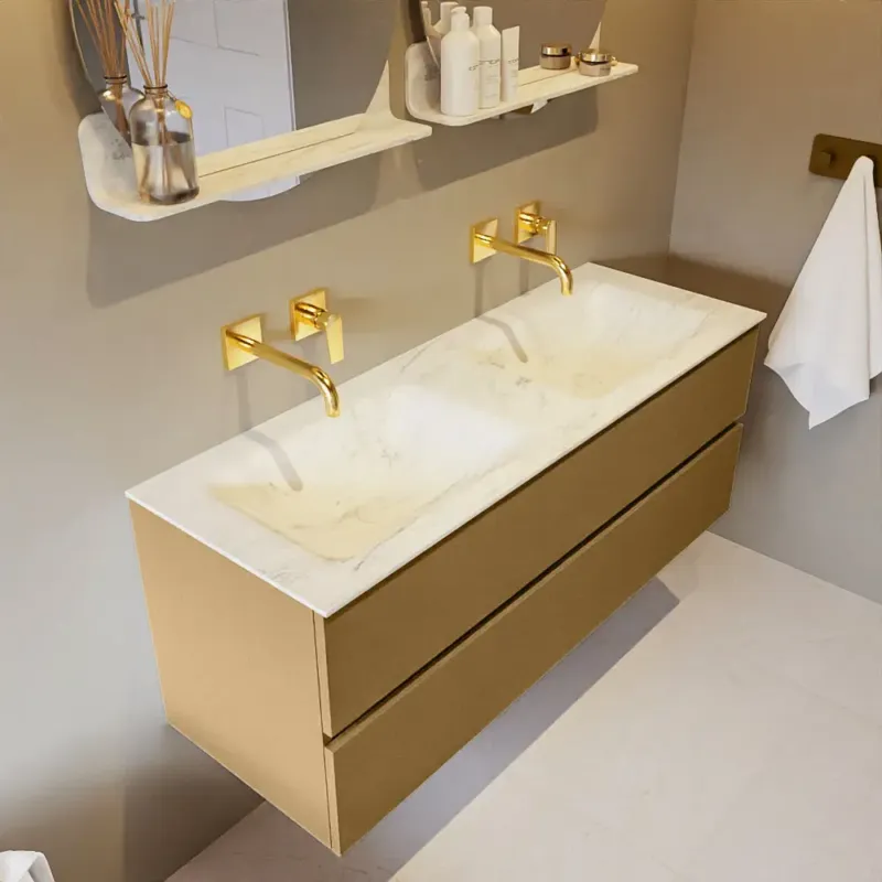 Voordeelprijs Mondiaz Vica DLux badmeubel 130cm oro 2 lades met wastafel opalo dubbel zonder kraangat