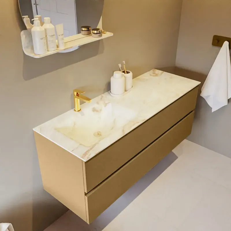 Tijdelijk Beschikbaar Mondiaz Vica DLux badmeubel 130cm oro 2 lades met wastafel frappe links 1 kraangat