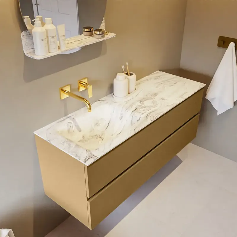 Beperkt Aanbod Mondiaz Vica DLux badmeubel 130cm oro 2 lades met wastafel glace links zonder kraangat