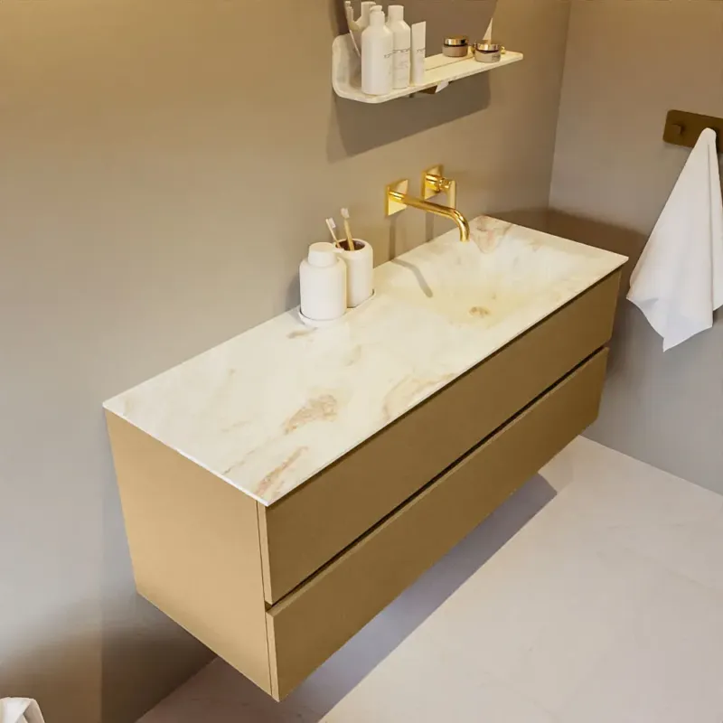 Voordeelprijs Mondiaz Vica DLux badmeubel 130cm oro 2 lades met wastafel frappe rechts zonder kraangat