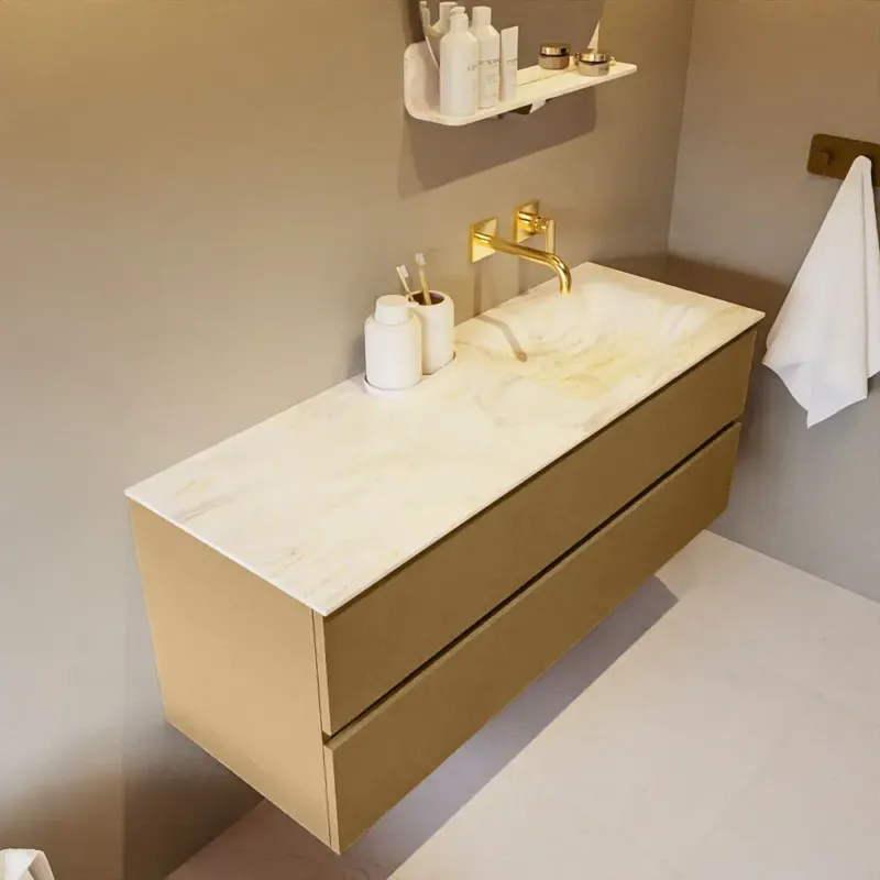 Op = Op Mondiaz Vica DLux badmeubel 130cm oro 2 lades met wastafel ostra rechts zonder kraangat