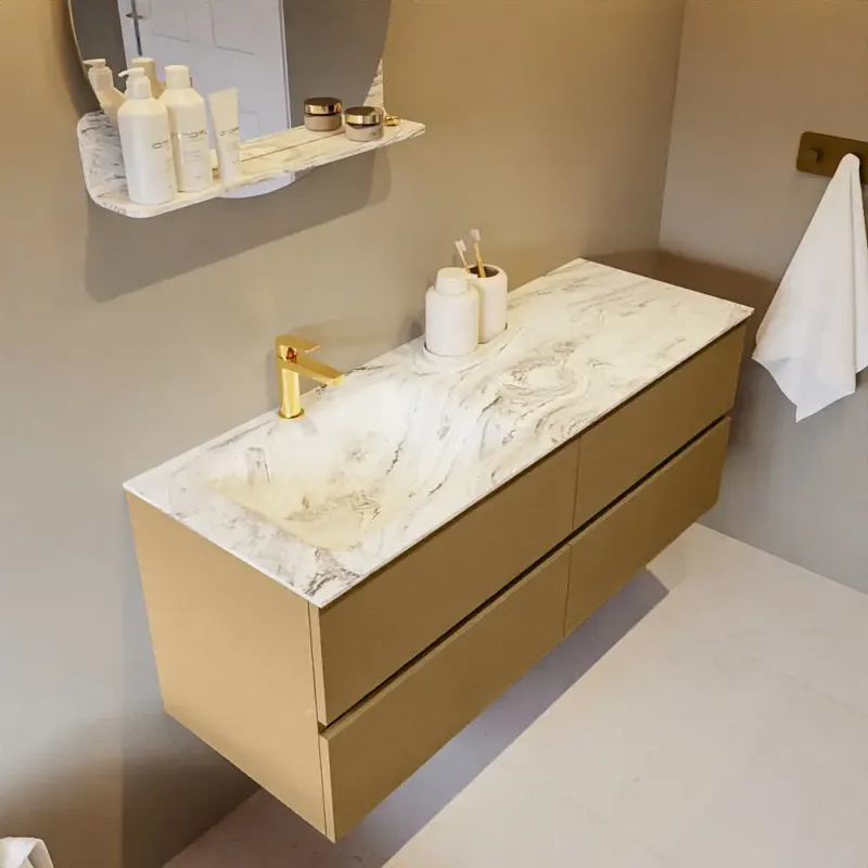 Aanbieding Mondiaz Vica DLux badmeubel 130cm oro 4 lades met wastafel glace links 1 kraangat