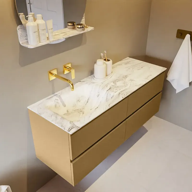 Beperkt Aanbod Mondiaz Vica DLux badmeubel 130cm oro 4 lades met wastafel glace links zonder kraangat
