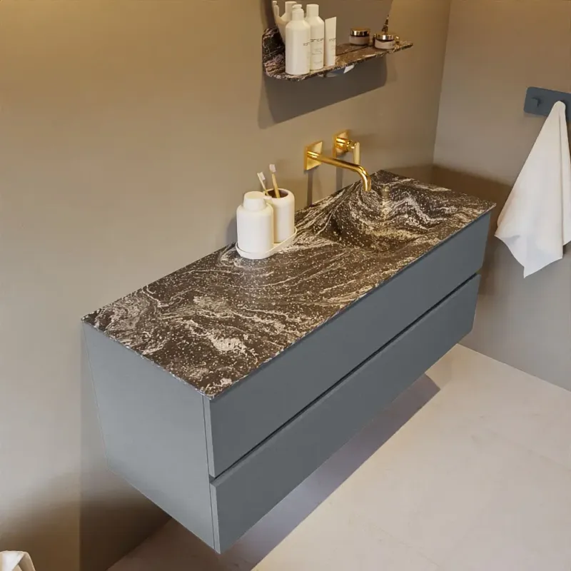 Weekendaanbieding Mondiaz Vica DLux badmeubel 130cm plata 2 lades met wastafel lava rechts zonder kraangat