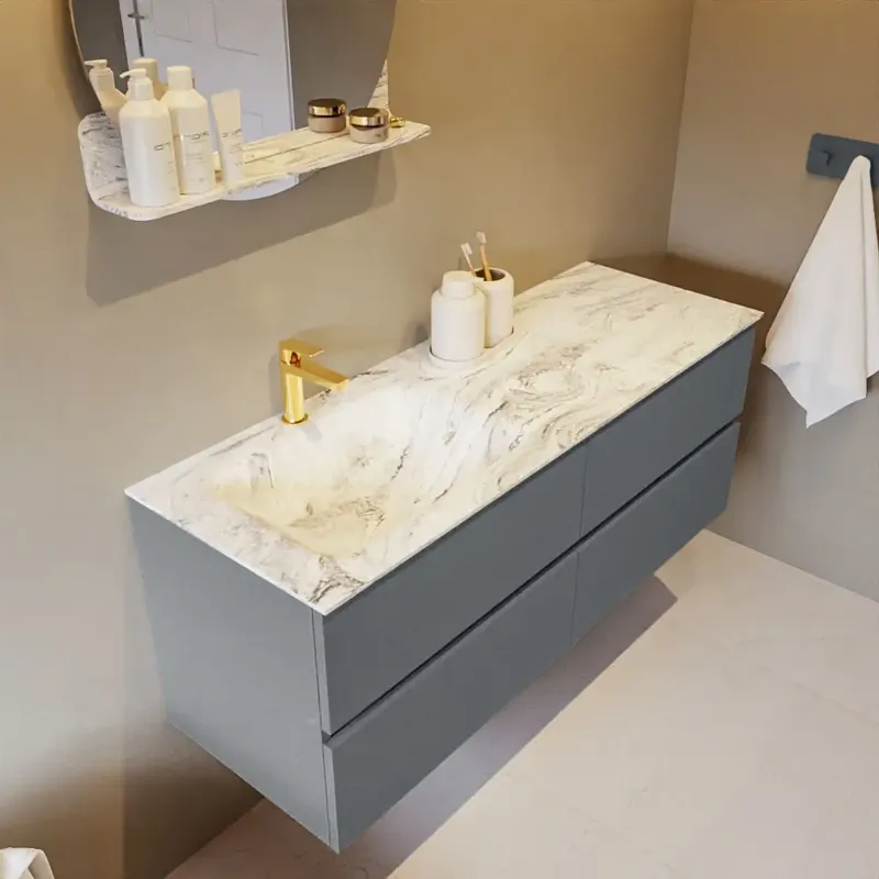 Superprijs Mondiaz Vica DLux badmeubel 130cm plata 4 lades met wastafel glace links 1 kraangat