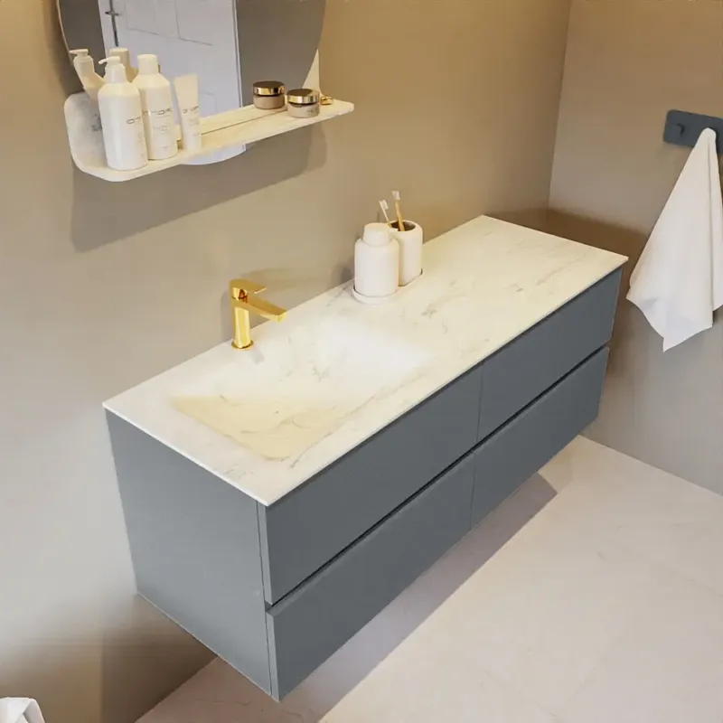 Seizoensaanbieding Mondiaz Vica DLux badmeubel 130cm plata 4 lades met wastafel opalo links 1 kraangat