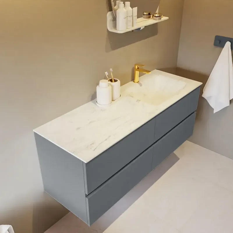 Beperkte Voorraad Mondiaz Vica DLux badmeubel 130cm plata 4 lades met wastafel opalo rechts 1 kraangat
