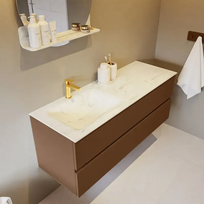 Actieprijs Mondiaz Vica DLux badmeubel 130cm rust 2 lades met wastafel opalo links 1 kraangat
