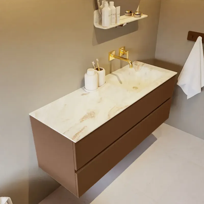 Premium Mondiaz Vica DLux badmeubel 130cm rust 2 lades met wastafel frappe rechts zonder kraangat