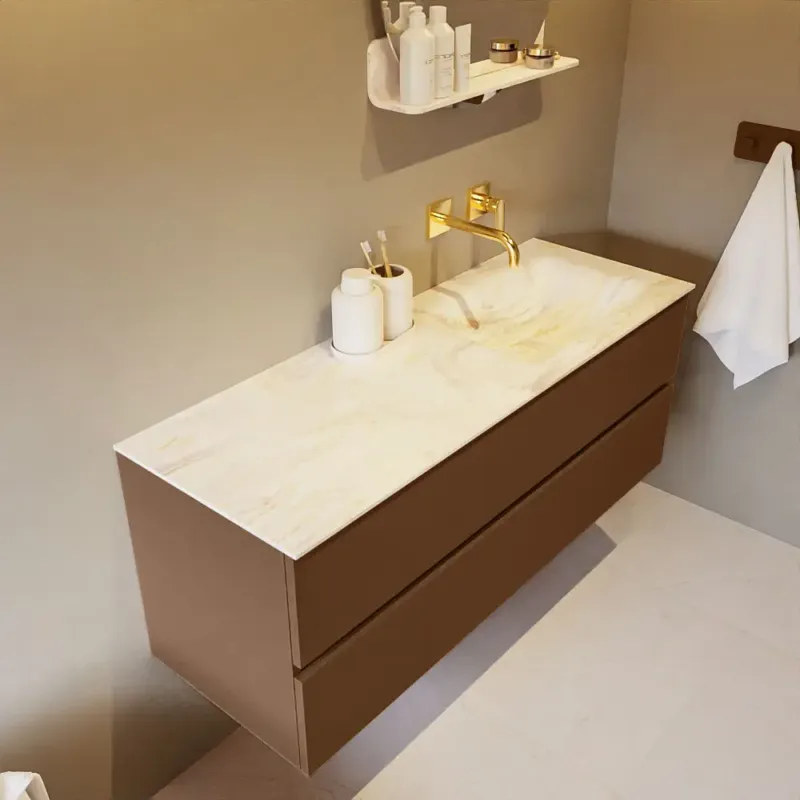 Premium Mondiaz Vica DLux badmeubel 130cm rust 2 lades met wastafel ostra rechts zonder kraangat