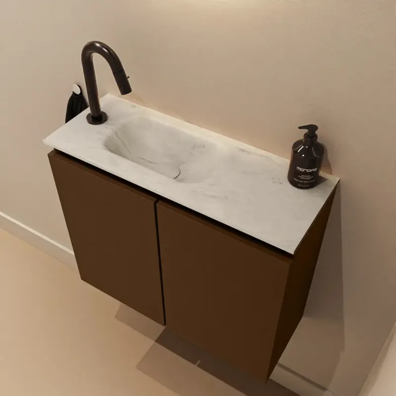 Voordeelprijs Mondiaz Ture DLux toiletmeubel 60cm rust met wastafel opalo links met kraangat