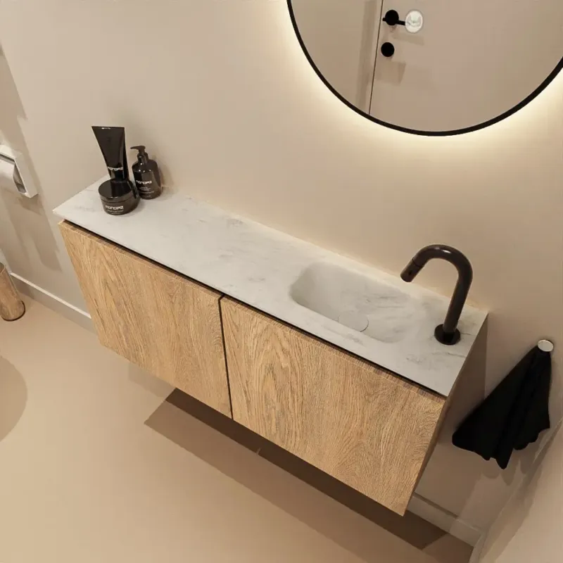 Populair Mondiaz Ture DLux toiletmeubel 100cm washed oak met wastafel opalo rechts met kraangat
