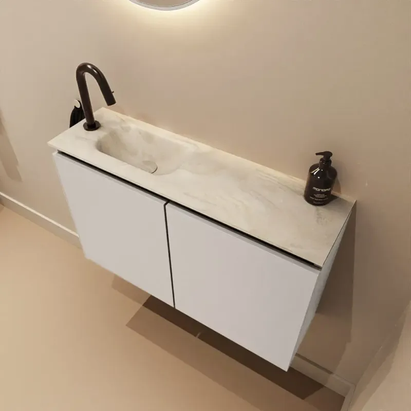 Uitverkoop Mondiaz Ture DLux toiletmeubel 80cm linen met wastafel ostra links met kraangat