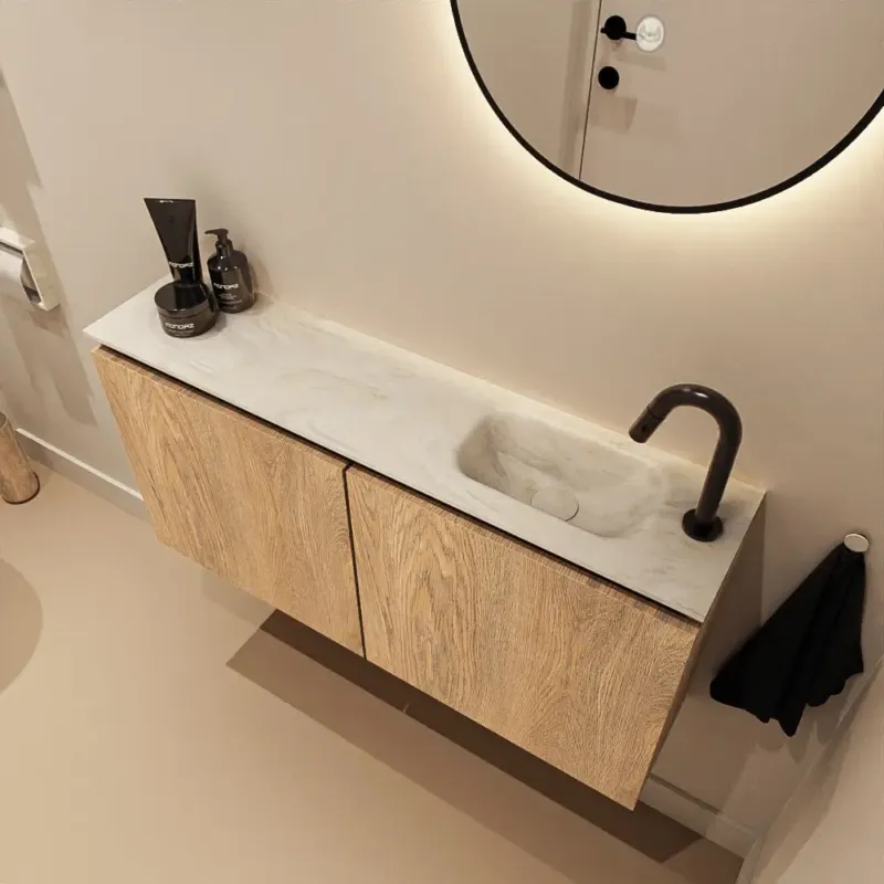 Aanbieding Mondiaz Ture DLux toiletmeubel 100cm washed oak met wastafel ostra rechts met kraangat