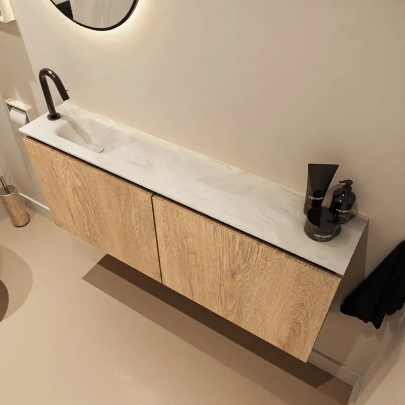 Actieprijs Mondiaz Ture DLux toiletmeubel 120cm washed oak met wastafel ostra links met kraangat