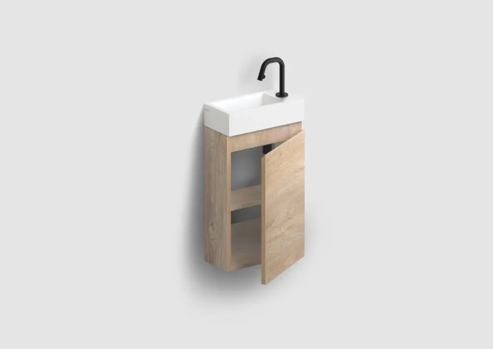 Clou Flush 3 toiletmeubel 36cm eiken rechtsdraaiend met keramische fontein wit mat en kraangat Direct Verzonden