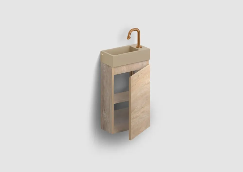 Clou Flush 3 toiletmeubel 36cm eiken rechtsdraaiend met keramische fontein mosterd mat en kraangat Direct Verzonden