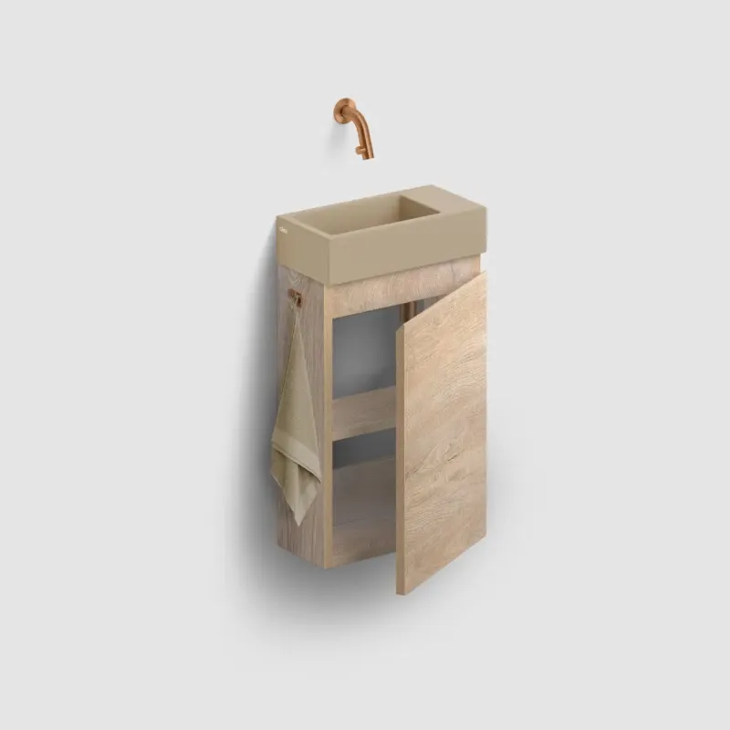 Clou Flush 3 toiletmeubel 36cm eiken rechtsdraaiend met keramische fontein mosterd mat zonder kraangat Flitsaanbieding