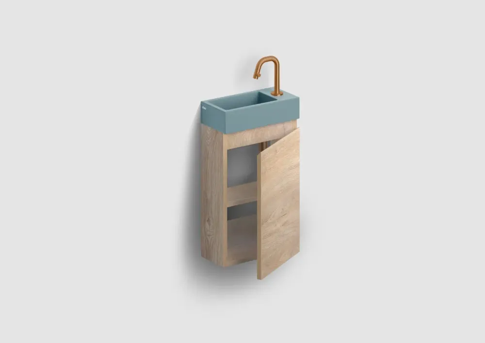 Express Levering Clou Flush 3 toiletmeubel 36cm eiken rechtsdraaiend met keramische fontein blauwgrijs mat en kraangat
