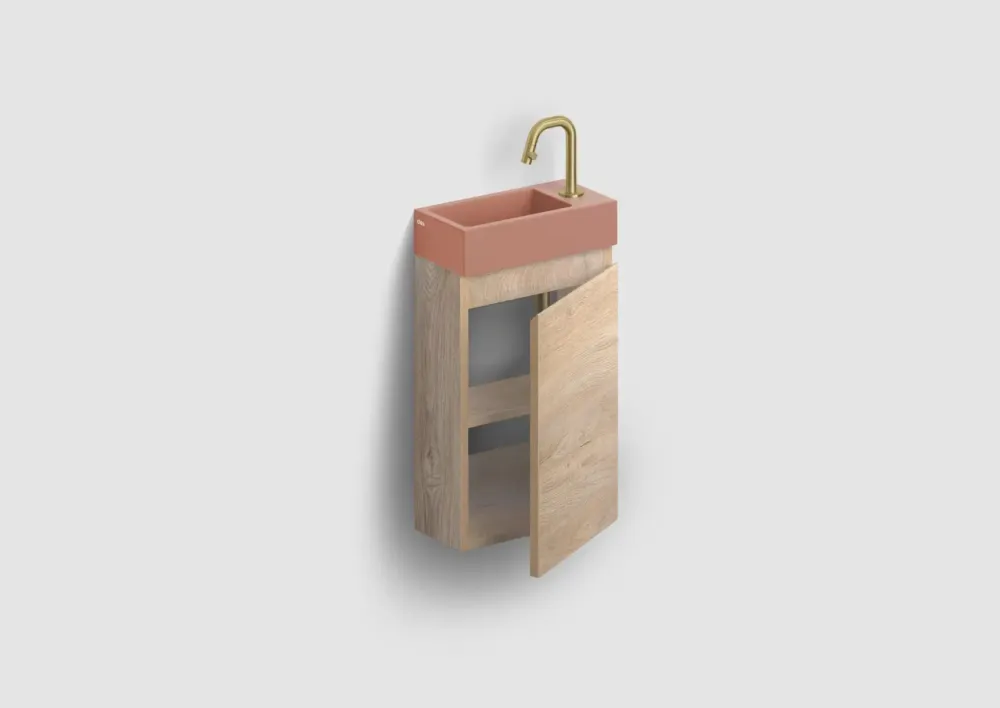 Bestel Nu Clou Flush 3 toiletmeubel 36cm eiken rechtsdraaiend met keramische fontein roze mat en kraangat