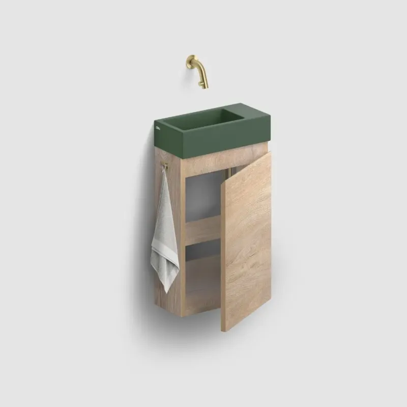 Goedkoop Clou Flush 3 toiletmeubel 36cm eiken rechtsdraaiend met keramische fontein groen mat zonder kraangat