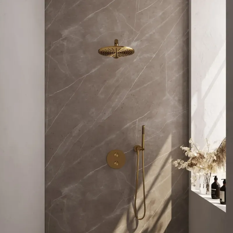 Brauer Gold Edition thermostatische inbouw regendouche met staafhanddouche, rechte muurarm en hoofddouche 30cm set 74 messing geborsteld PVD Finale Uitverkoop