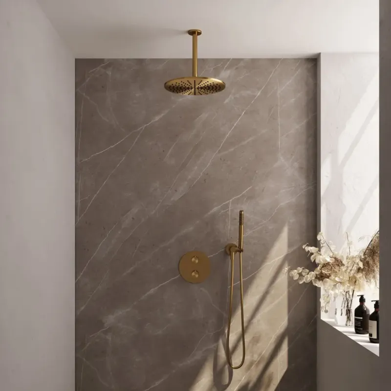 Brauer Gold Edition thermostatische inbouw regendouche met staafhanddouche, plafondarm en hoofddouche 30cm set 78 messing geborsteld PVD Nu Kopen