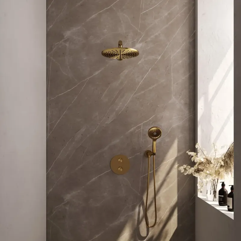Laatste Kans Brauer Gold Edition thermostatische inbouw regendouche met 3 standen handdouche, rechte muurarm en hoofddouche 30cm set 80 messing geborsteld PVD