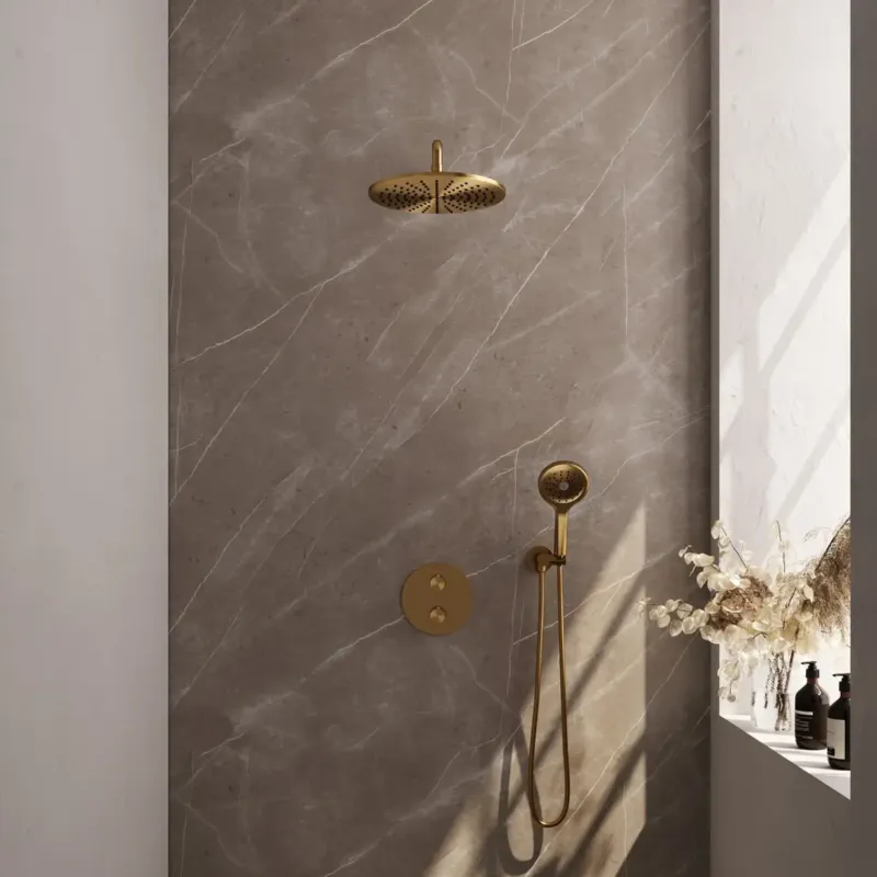 Brauer Gold Edition thermostatische inbouw regendouche met 3 standen handdouche, gebogen muurarm en hoofddouche 30cm set 82 messing geborsteld PVD Gratis Retour