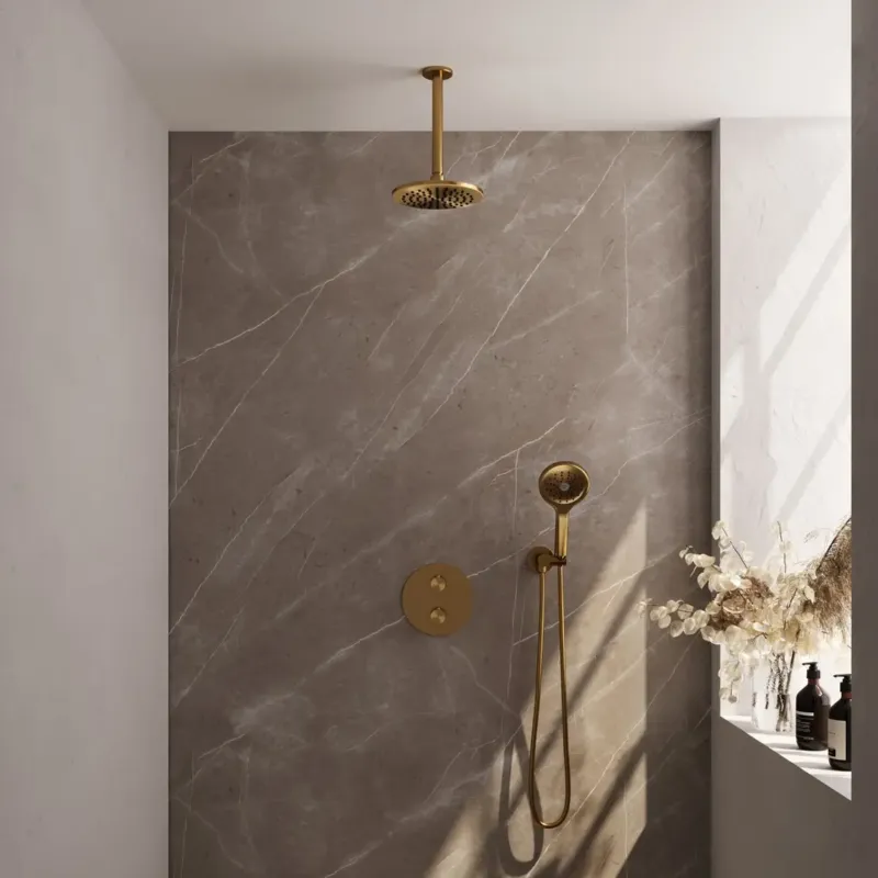 Brauer Gold Edition thermostatische inbouw regendouche met 3 standen handdouche, plafondarm en hoofddouche 20cm set 83 messing geborsteld PVD Nieuw