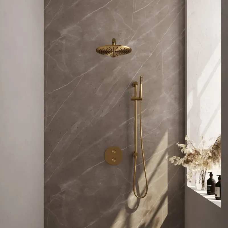 Weekendaanbieding Brauer Gold Edition thermostatische inbouw regendouche met staafhanddouche, rechte muurarm, glijstang en hoofddouche 30cm set 86 messing geborsteld PVD