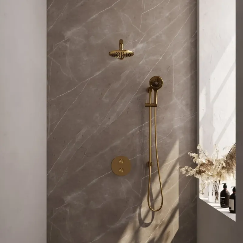 Snelle Levering Brauer Gold Edition thermostatische inbouw regendouche met 3 standen handdouche, rechte muurarm, glijstang en hoofddouche 20cm set 91 messing geborsteld PVD
